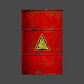 Industrial Equipment Red Oil Drum With Yellow Warning Triangle And Metal Structure
