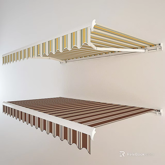 Striped Outdoor Awnings with Yellow White and Brown White Patterns and White Frames 3d model 