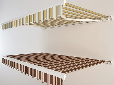 Striped Outdoor Awnings with Yellow White and Brown White Patterns and White Frames 3d model