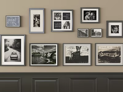 Wall Decor With Multiple Size Frames Displaying Black White Photos And Scenery 3d model