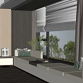 Cozy Indoor Window Seat Area With White Roller Blinds Green Plant And Trees View 3d model