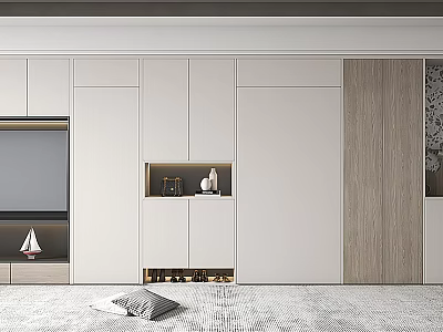 Modern TV Background Cabinet With White Wooden Storage Built-in TV And Wine Rack Design 3d model