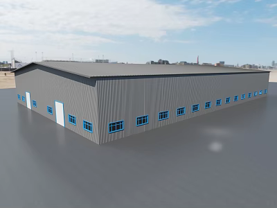 Steel Structure Industrial Warehouse With Gray Exterior Blue Window Frames And Doors 3d model