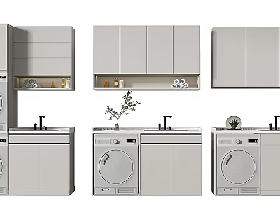 Gray Bathroom Cabinet with Washing Machine Upper Storage and Decorative Plant 3d model