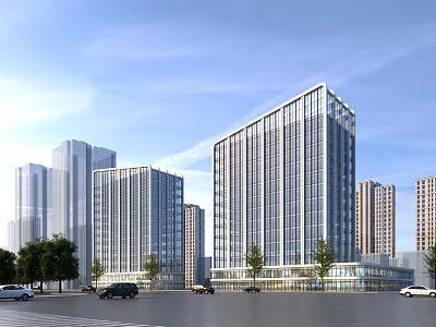 Modern Office Building with Glass Curtain Walls Urban Landscape Trees and Road Vehicles 3d model