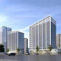 Modern Office Building with Glass Curtain Walls Urban Landscape Trees and Road Vehicles