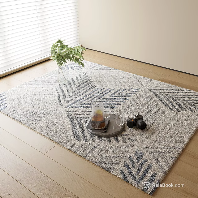 Square Area Rug with Gray Blue Geometric Pattern on Wooden Floor and Green Plant Tray 3d model 