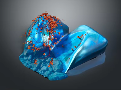 Blue Stone Structure With Wooden Orange Branch Decorations Glossy Surface Rock Texture And Scattered Fragments 3d model