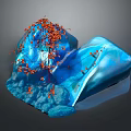 Blue Stone Structure With Wooden Orange Branch Decorations Glossy Surface Rock Texture And Scattered Fragments