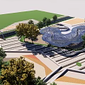 Urban Park Landscape Design With Curved Water Feature Trees And Paved Paths