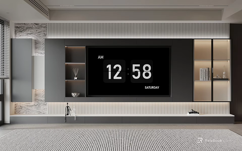 Modern TV Background Wall Design With Embedded TV And Storage Shelves 3d model 