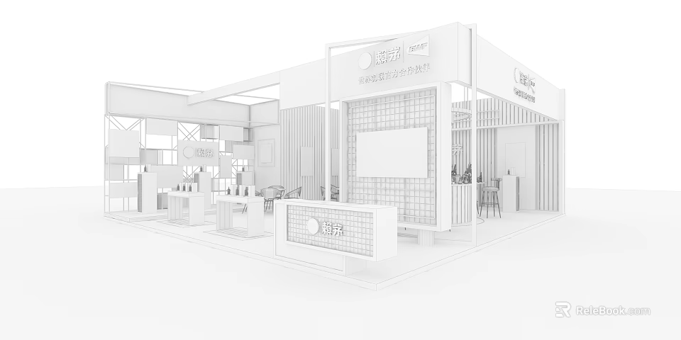 Modern Exhibition Booth Design With White Structure Grid Wall And Display Shelves 3d model