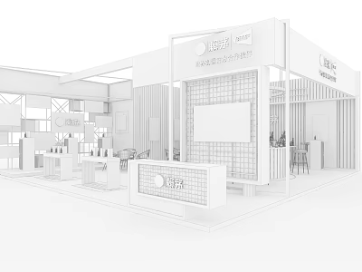 Modern Exhibition Booth Design With White Structure Grid Wall And Display Shelves 3d model