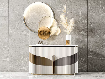 Modern Console Table Interior With Round Mirrors And Pampas Grass On Marble Wall 3d model