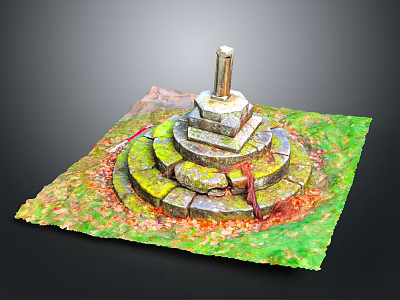 Stone Circular Tiered Structure With Square Base And Top Cylinder On Green Moss Covered Surface 3d model