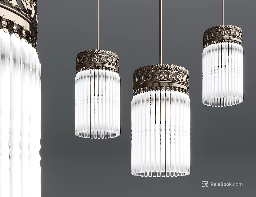 Elegant Crystal Pendant Lights With Intricate Metal Trim And Vertical Glass Rods 3d model 