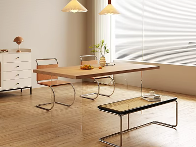 Wooden Top Dining Table Set With Metal Frame Chairs And Pendant Lights Above 3d model
