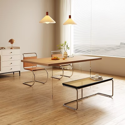 Wooden Top Dining Table Set With Metal Frame Chairs And Pendant Lights Above 3d model