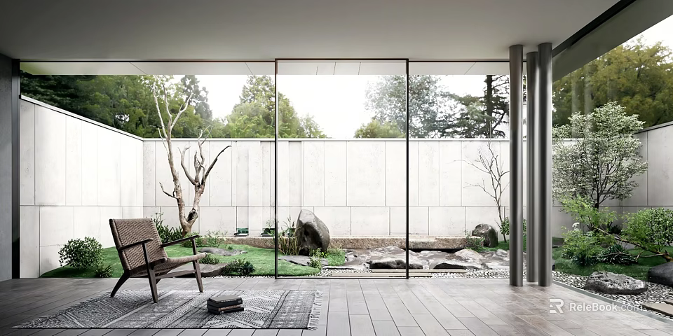 Serene Garden Landscape With Glass Wall Wooden Seating Stones Grass Trees And White Wall 3d model 