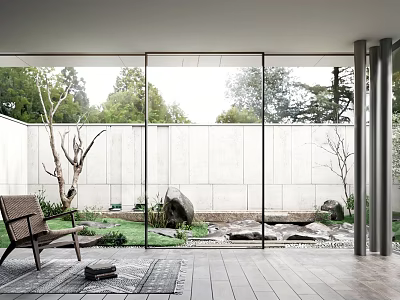Serene Garden Landscape With Glass Wall Wooden Seating Stones Grass Trees And White Wall 3d model