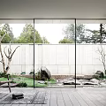 Serene Garden Landscape With Glass Wall Wooden Seating Stones Grass Trees And White Wall