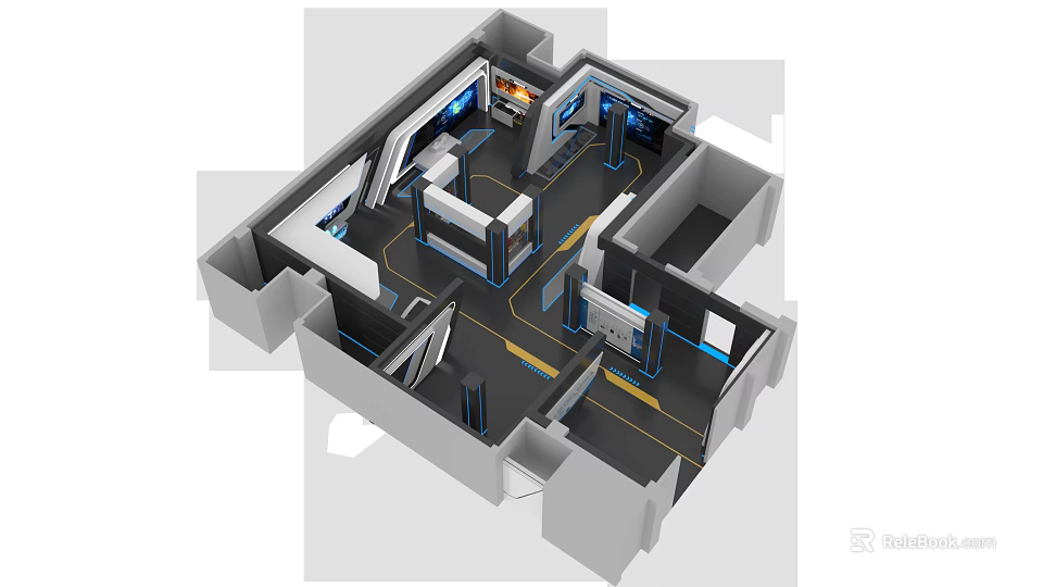 3D Indoor Floor Plan With Blue Pathways And Multiple Rooms Design 3d model 