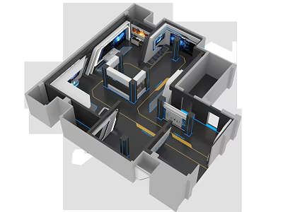 3D Indoor Floor Plan With Blue Pathways And Multiple Rooms Design 3d model