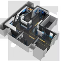 3D Indoor Floor Plan With Blue Pathways And Multiple Rooms Design
