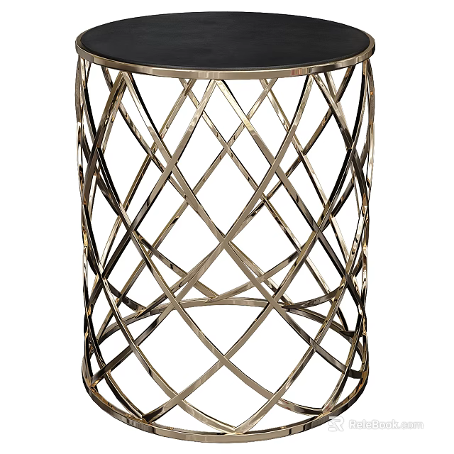 Modern Round Side Table With Metallic Interlaced Frame And Black Tabletop 3d model 
