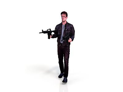Man In Dark Leather Jacket Holding Guns In Both Hands Against White Background 3d model