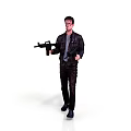 Man In Dark Leather Jacket Holding Guns In Both Hands Against White Background
