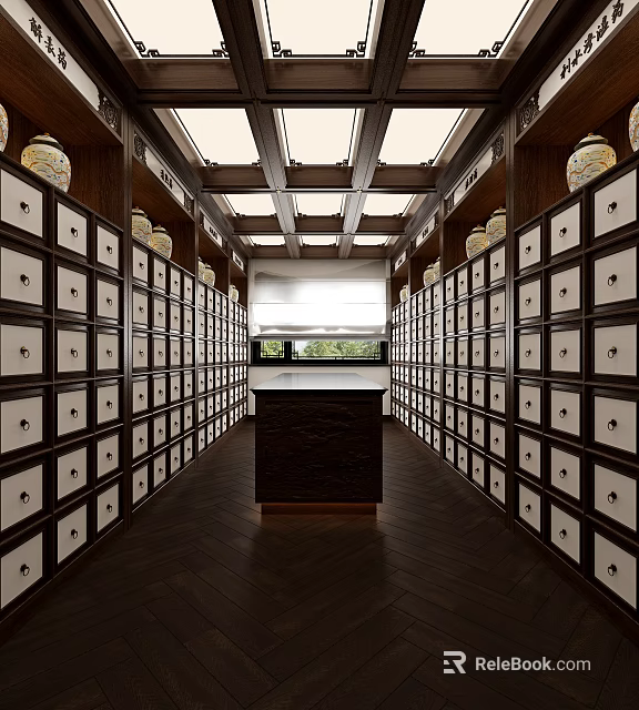 Traditional Tea House Interior With Dark Wooden Cabinets White Panels Round Handles Skylight Green Plants 3d model 