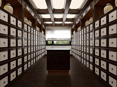 Traditional Tea House Interior With Dark Wooden Cabinets White Panels Round Handles Skylight Green Plants 3d model