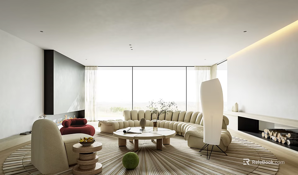 Modern Minimalist Beige Curved Sofa And Marble Coffee Table Set For Spacious Bright Living Room 3d model 
