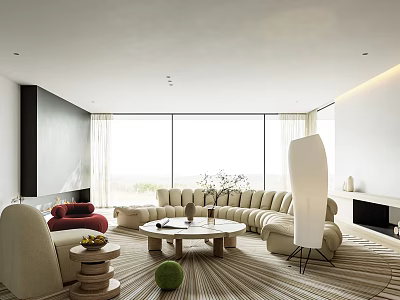 Modern Minimalist Beige Curved Sofa And Marble Coffee Table Set For Spacious Bright Living Room 3d model