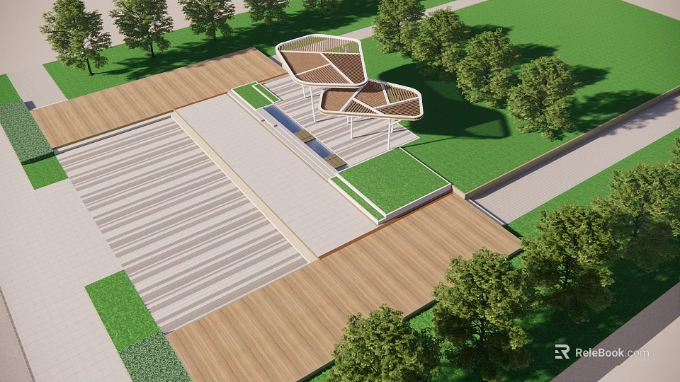 Urban Square Landscape with Wooden Decking Green Lawn and Modern Sculptural Structure 3d model 