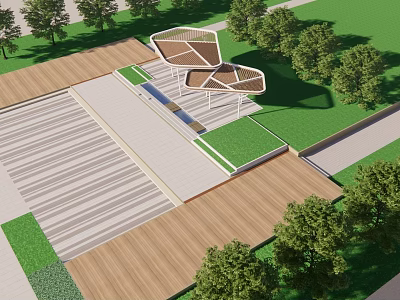 Urban Square Landscape with Wooden Decking Green Lawn and Modern Sculptural Structure 3d model