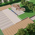 Urban Square Landscape with Wooden Decking Green Lawn and Modern Sculptural Structure
