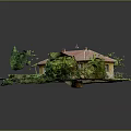 Yellow Building With Red Tile Roof Stone Steps Entrance Green Lawn Trees And Shrubs