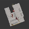 Modern Architectural Model Featuring White Gray Block Structure Interior Red Mats And Brown Boxes