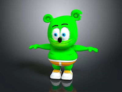 Green Cartoon Bear Creature with Big Blue Eyes Orange Shorts and Open Arms 3d model