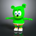 Green Cartoon Bear Creature with Big Blue Eyes Orange Shorts and Open Arms