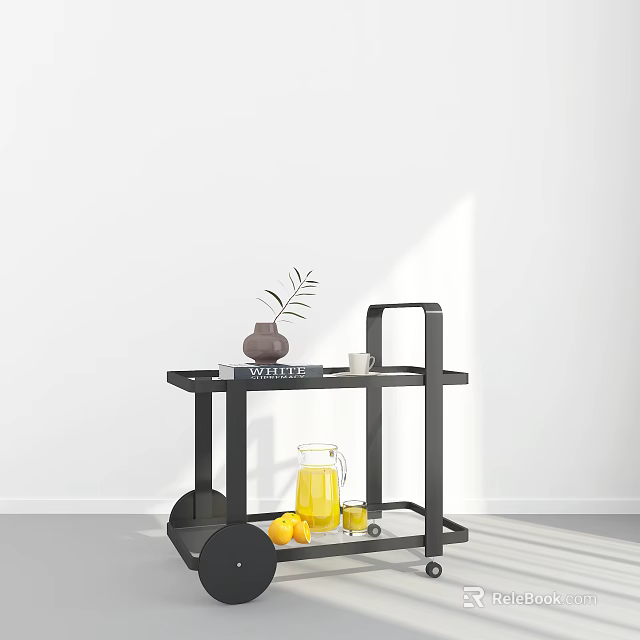Modern Black Trolley With Vase Coffee Book Cup Pitcher And Lemons 3d model 