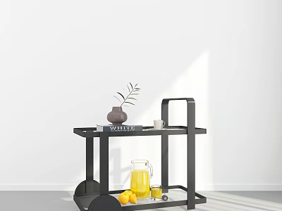 Modern Black Trolley With Vase Coffee Book Cup Pitcher And Lemons 3d model