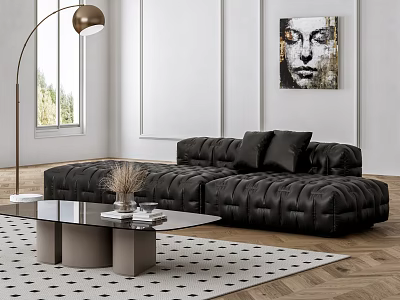 Modern Tufted Black Sofa and Glass Top Coffee Table Set With Polka Dot Rug 3d model