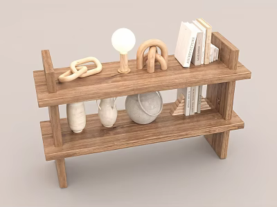 Wooden Two Tiered Shelf With White Spherical Lamp Woven Ring Decor Ceramic Vases And Books 3d model