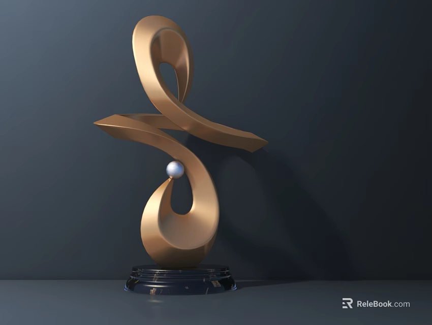 Golden Sculpture with Curved Loop and Central White Sphere on Transparent Base Against Dark Background 3d model 