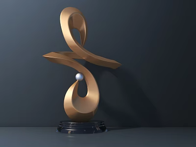 Golden Sculpture with Curved Loop and Central White Sphere on Transparent Base Against Dark Background 3d model
