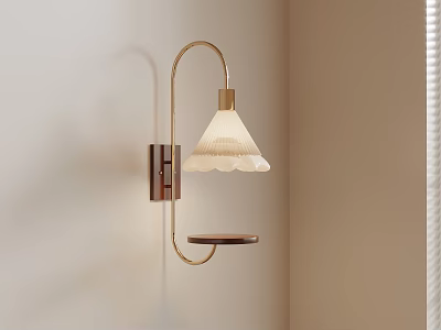 Modern Brass Wall Lamp With White Scalloped Shade And Wooden Tray 3d model