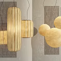 Modern Interior Pendant Lights Featuring Rectangular Striped And Double Spherical Designs On Gray Textured Wall 3d model